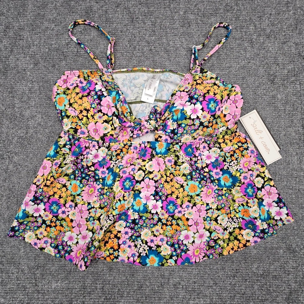 Salt & Cove Women Swim Tankini‎ Top Floral Tie Front Keyhole Multi Color Large L